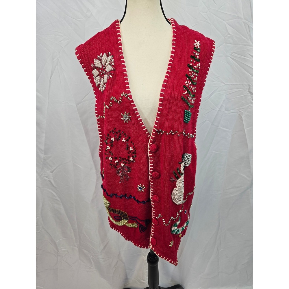 Victoria Jones Woman Red Embellished Beaded Christmas Sweater‎ Vest 3XL